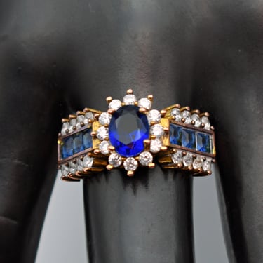 90's rose gold vermeil sterling blue & clear CZ size 7.75 cocktail ring, big cubic zirconia S925 silver statement 