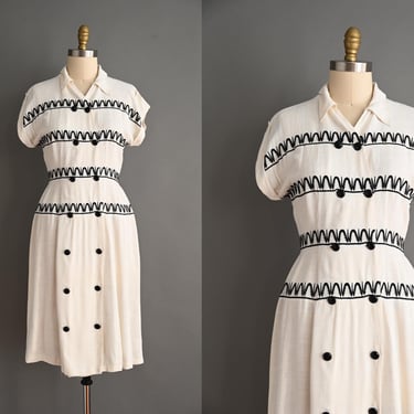 vintage 1950s Dress | Doris Dodson White Cotton Embroidered Dress | Medium 