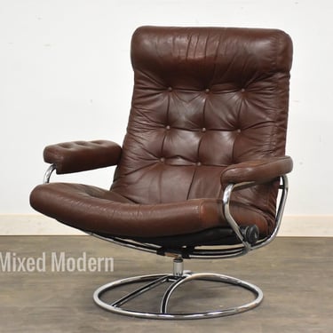 Brown Leather and Chrome Stressless Chair by Ekornes 