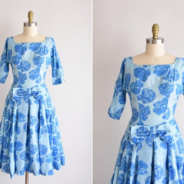 1950s Blue Belle dress/ vintage 1950s rose party dress/ blue rose cocktail dress 