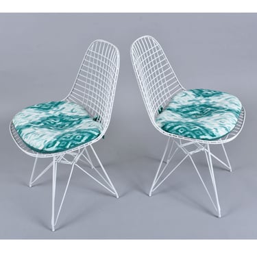 Pair of Charles Eames for Herman Miller DKR Wire Chairs with Custom Reversible Cushions 