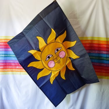 Vintage giant sun flag 28x40" outdoor decorative tapestry or sign, 90s cheerful hippie garden decor, nylon embroidered yard decoration 