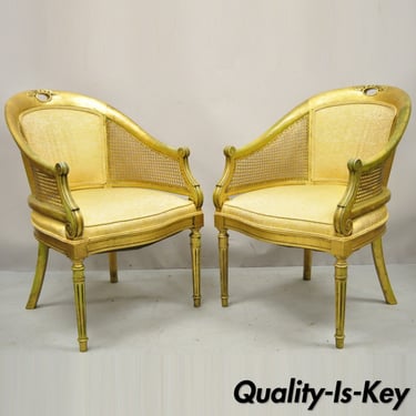 French Hollywood Regency Gold Gilt Barrel Back Cane Lounge Chairs - a Pair