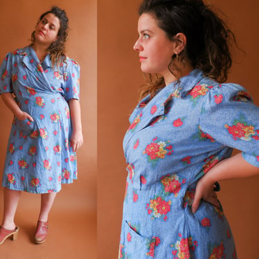 Vintage 40s Floral Wrap Dress/ 1940s Puff Sleeve Cotton Farm Dress/ Size Large XL 