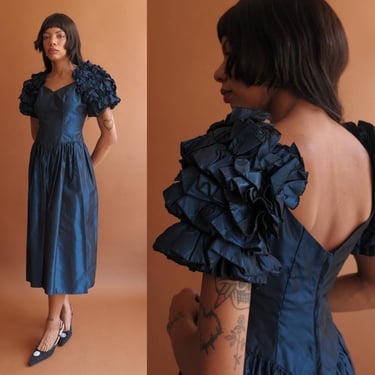 Vintage 80s Iridescent Blue Tafetta Dress with Big Sleeves/1980s Sweetheart Jewel Tone Prom Party Dress/ House of Bianchi/ Size Small 