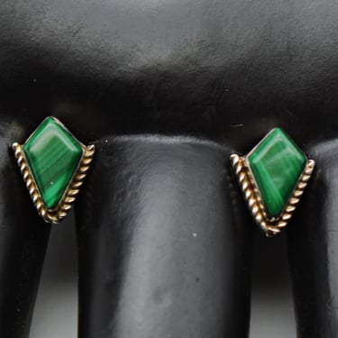 Minimalist 70's kite shaped malachite sterling studs, Southwestern 925 silver green stone earrings 