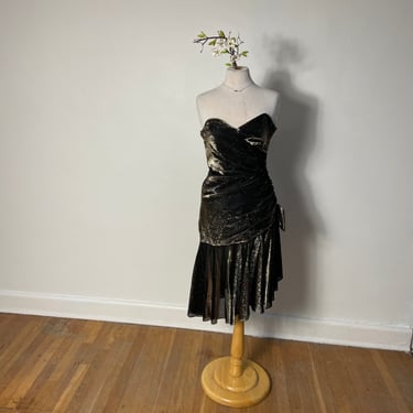 Vintage 1980s 1990s 80s Black and Gold Dress Strapless Ruched Dress with Shimmer Bow Party Dress Holiday Dress Shimmer Metallic 