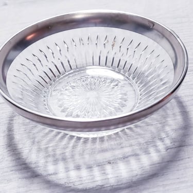 Vintage '60s cut glass small serving bowl silver plate rim 