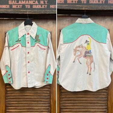 Vintage 1950’s Cotton Rodeo Western Cowboy Artwork Rockabilly Shirt, 50’s Vintage Clothing 