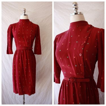 70s 80s Silk High Neck Shirtdress Maroon Dark Red Asymmetrical Career Dress Size XS / S 