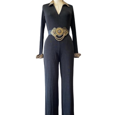 vintage 1990s Choon black stretch jumpsuit with leopard zip front 90s fashion m 