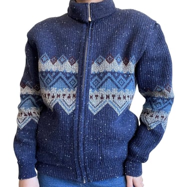 Vintage Unisex Nordic Wool Blend Western Blue Faux Fleece Sweatshirt Cardigan XL 