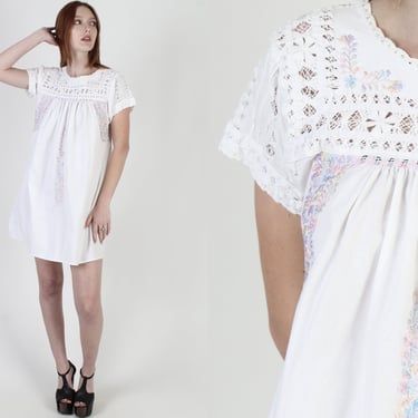 White Cotton Oaxacan Dress, Mexican Pastel Floral Dress, Hand Embroidered Cut Out Bodice, Beach Cover Up Mini Dress 