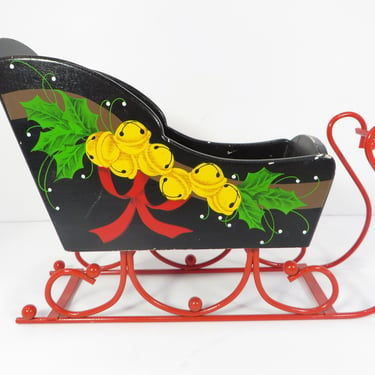 Vintage Black Painted Wood Red Metal Runners Christmas Sleigh - Black Wood Sleigh 