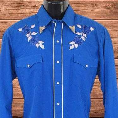 Karman Vintage Western Men's Cowboy, Rodeo Shirt, Navy Blue with Embroidered Blue & White Flowers, 16-34, Approx. Large (see meas. photo) 