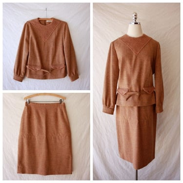 60s 70s Pendleton Skirt Suit Light Brown Wool Two Piece Set Size M 