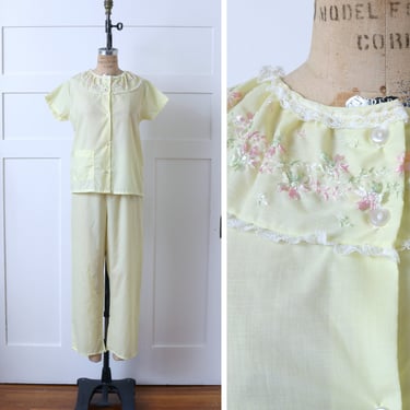 vintage 1960s women's 2 piece pajama set • cute light yellow sheer cotton pj top & pants 