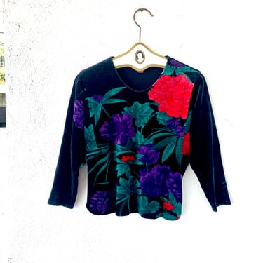 Vintage 80s Cropped Velour Dark Floral Top Shirt Black Velvet Sweatshirt 