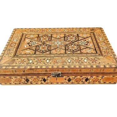 Vintage Middle Eastern Damascene Geometric Arabesque Micro Mosaic Marquetry Inlaid Table Box - Mid-Century Exotic Woods Mother-of-Pearl Bone 