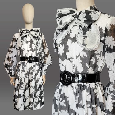 1960s Floral Dress / 1960s Black and White Cotton Floral Dress with Bow / Coquette Dress / Size Small Medium 