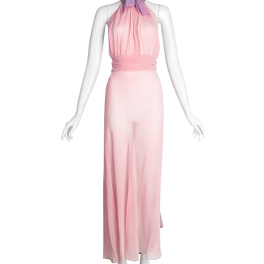 Vintage 1930s Baby Pink and Lavender Bias Silk Chiffon Halter Gown