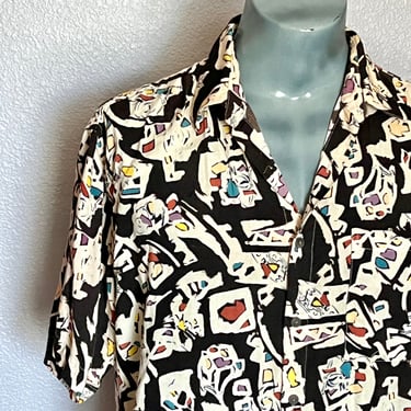 Vintage 80s Abstract Print Shirt, Button Down Tunic Style, Rayon, Front Pocket, Designer Pierre Cardin 