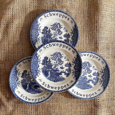 4 Vintage Schweppes Blue Willow Butter Pats or Small Plates, Enoch Wedgwood, Ironstone - Pub Tip Tray, Salt Dip, Drink Coaster, Lemon Wedge 