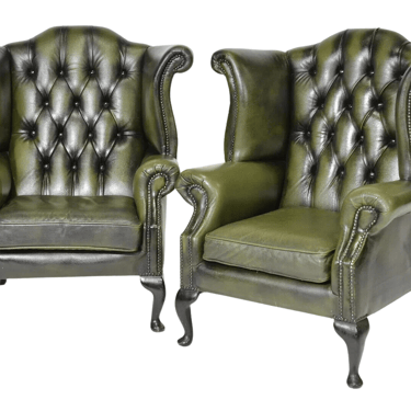 Chairs, Arm Chairs, Leather, Chesterfield, Wingback, Pair, British, Green!!