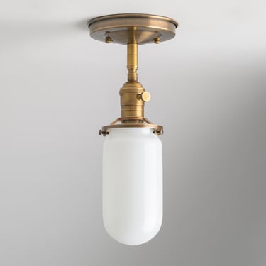 Semi-Flush Mount Ceiling Light Fixture - Tube Style Glass Shade - Opal White Hand Blown Glass - Made in the USA 