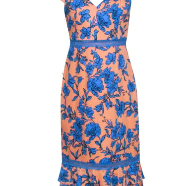 Alice &amp; Olivia - Peach &amp; Blue Floral Sleeveless Midi Dress Sz 10