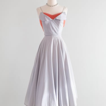 Dreamy 1950's Mirror Blue Sweetheart Party Dress With Coral Sash / S