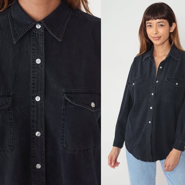 Black Denim Shirt 90s Button up Shirt Boyfriend Top Cotton Long Sleeve Retro Basic Plain Casual Blouse Chest Pocket Vintage 1990s Medium 