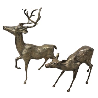 2 Vintage Large Spotted Brass Deer Statues - Buck 21" Tall & Doe - Mid Century 