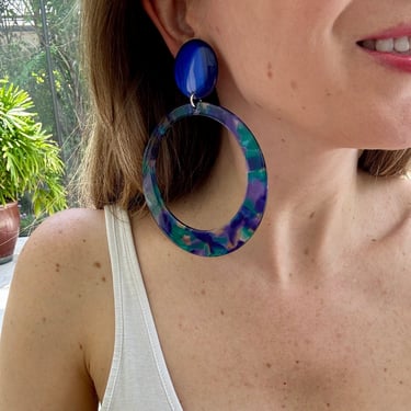 French Designer Francine Bramli Marbled Blue Resin Hoop Earrings