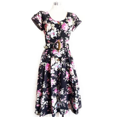 near mint Black Floral Vintage Dress 1980's Full Skirt, Summer Spring Day Dress MEDIUM Cottage Shabby Chic 