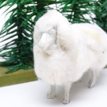 Antique German Sheep, Fluffy Cotton on Wood, for Putz or Christmas Nativity, Vintage Easter 