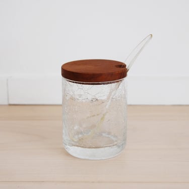 Vintage Crackle Glass Jar with Teak Lid and Plastic Spoon 