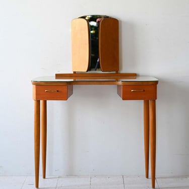 1940s Scandinavian Teak Vanity Table with Folding Mirror and Beech Legs 