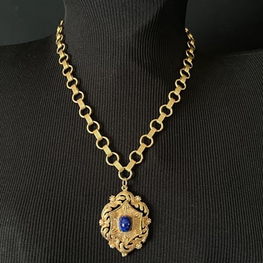 lapis lazuli filigree pendant necklace 1970s regency victorian style 