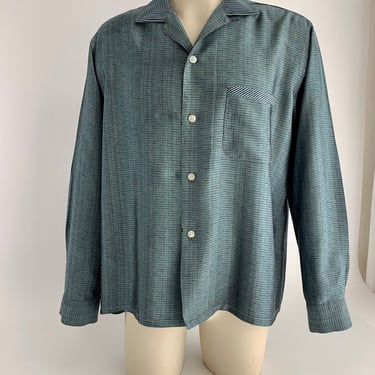 1950's Iridescent Shirt - MONTE CARLO Label - Acetate Fabric - Teal Gray to Steel Blue Iridescence - Loop Collar - Size Large 
