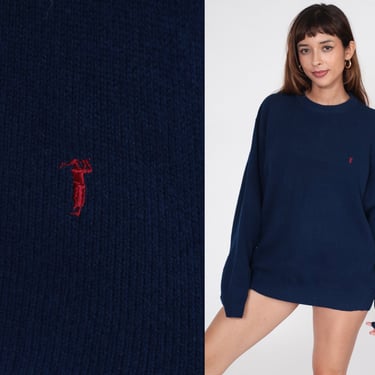Golf Sweater 90s Navy Blue Wool Embroidered Golfer Sweater Sports Slouchy Preppy Pullover Retro Jumper Vintage 1990s Men's Extra Large XL 