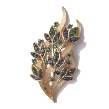 Vintage Crown Trifari Rhinestone Brooch Blue Green Floral Leaf Pin 