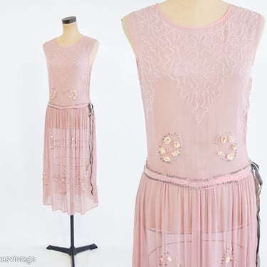 1920s Pink Silk Beaded  Dress | 20 Pale Pink Flapper Dress | Small 
