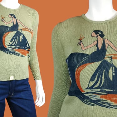 Deadstock 70s deco sweater. Novelty 70s fall fashion ad. Swanky groovy graphic print martini sailing turn of the century. (Size S/M) 