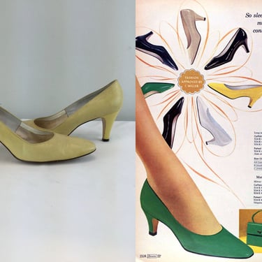 Sleek Slender Sunshine - Vintage 1960s Yellow Pearl Leather Heels Pumps Shoes - 8.5 