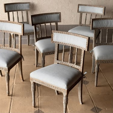 Set of Six Late 18th C. Gustavian Dining Chairs in Colefax & Fowler “Dart Stripe”
