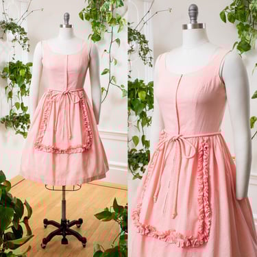Vintage 1950s Sundress | 50s Ruffled Gingham Pink Peach Cotton Fit Flare Belted Full Skirt Summer Day Dress | small 