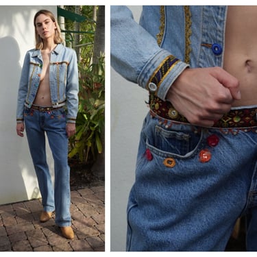 y2k Vintage Jeans / 1990's Low Rise Denim / Nineties Low Waist Jeans / Light Blue Denim with Ribbon and Mirrors 