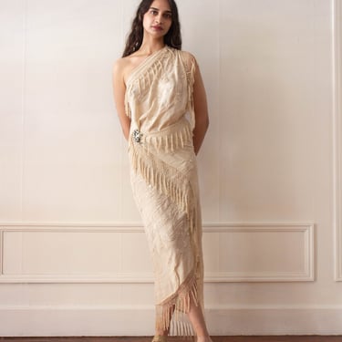 1920s Creme Silk Embroidered Fringed Piano Shawl 