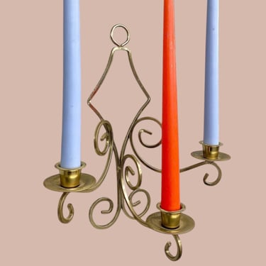 Vintage Candlestick Wall Sconce Retro 1980s Hollywood Regency + Gold + Bent Metal Frame + Holds 3 Taper Candles + Wall Decor + Decoration 